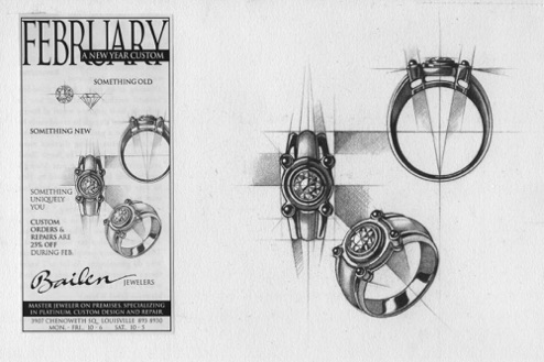 Diamond ring with the ad it ran in.
Bailen Jewelers, Louisville Ky
The layout is the first consideration of the design.