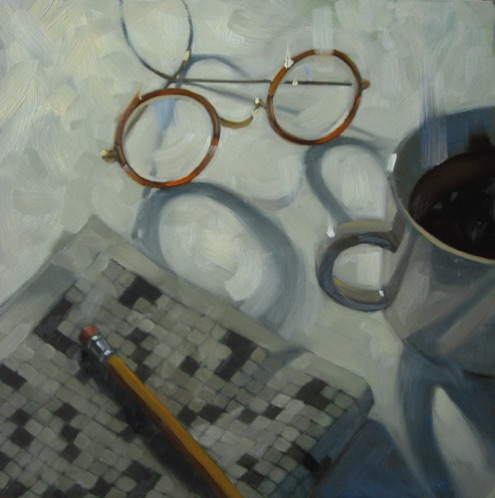 Working a crossword puzzle 
18" x 18"  oil  (Sold)